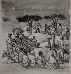 An ink and watercolor depiction of an outdoor meeting. Villagers are seated around a freedom fighter who appears to be speaking to them. One villager is carrying a baby. Other freedom fighters stand guard around the edges of the meeting, looking outward and holding their guns. The sky is painted dark with small light spots, seemingly suggesting night time.