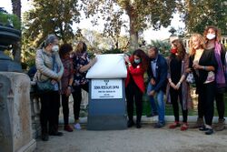 Authorities and trans rights activists revealing the new Plaça Sonia Rescalvo Zafra sign in Barcelona on October 6, 2021