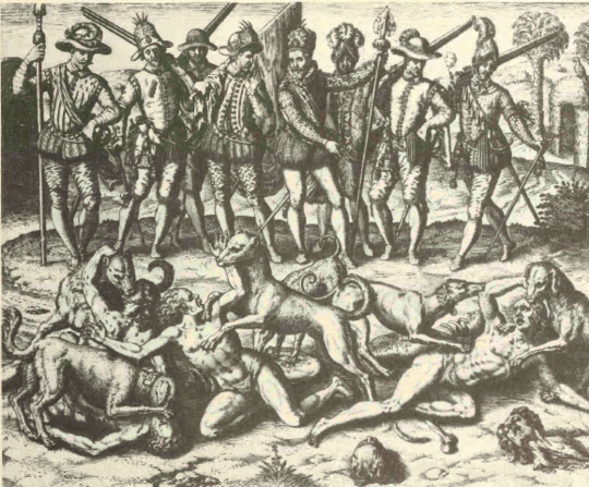 At the top of the engraving you have folks who look like nobles standing and looking down at dogs attacking Two-Spirit people are naked on the ground and there faces look as if they are in pain