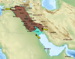 Map of the Akkadian Empire. The light blue area in the southeast was underwater in ancient times.