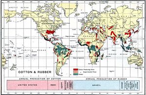 A world map highlighting areas of South America, Africa, and Asia as rubber producers. An unnumbered diagram at the bottom depicts Brazil as having a large annual production, followed by Congo, Straits Settlements, Dutch East Indies, Bolivia, Peru, and then says "other countries".