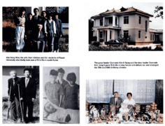 The left photos are group photos of Kim Sang Won, his wife, children, and students. The right side photos show a house and a photo of a table filled with food and other items.