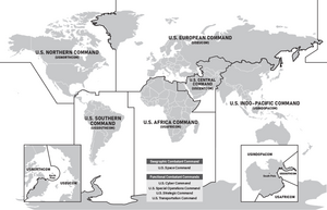 Une carte du monde divisée par commandement de combat des États-Unis, correspondant généralement aux principaux continents et régions. Comprend USNORTHCOM (Amérique du Nord), USSOUTHCOM (Amérique du Sud), USEUCOM (Europe), USAFRICOM (Afrique), USCENTCOM (Moyen-Orient), USINDOPACOM (Indo-Pacifique).