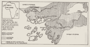 A map showing the general situation in Guinea in January 1969 showing liberated regions, contested regions, and zones still controlled by the Portuguese.