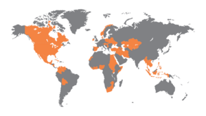 A world map showing several countries highlighted in different regions.