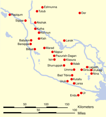 Carte des anciennes cités sumériennes